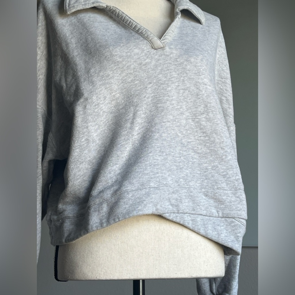 FP Movement by Free People Grey Collared Pullover Faux Crossover Hem Size L - Picture 2 of 8
